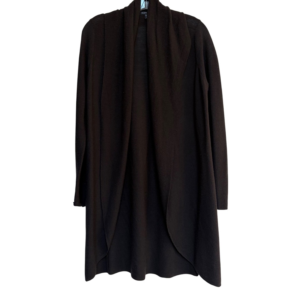 Eileen Fisher Brown Merino Wool Shawl Collar Open Front Cardigan Sweater Medium